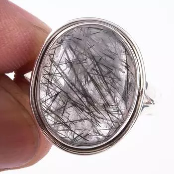 Natural Black Rutile Gemstone Handmade 925 Solid Sterling Silver Ring S.9.5 q6P58
