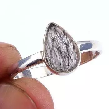 Natural Black Rutile Gemstone Handmade 925 Solid Sterling Silver Ring S.10 m5S36