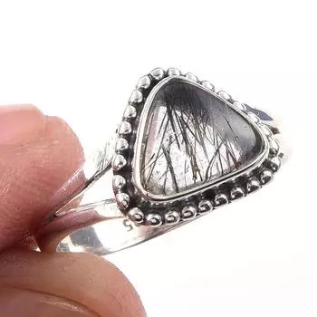 Natural Black Rutile Gemstone Handmade 925 Solid Sterling Silver Ring S.6 P8N81