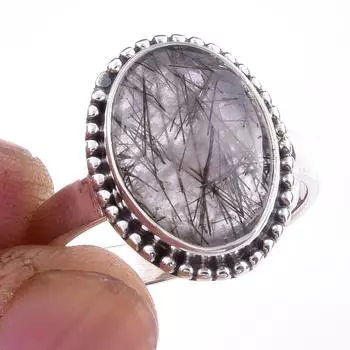 Natural Black Rutile Gemstone Handmade 925 Solid Sterling Silver Ring S.8 z0H05