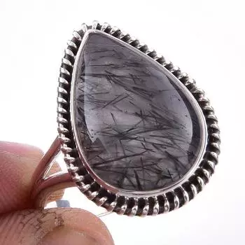 Natural Black Rutile Gemstone Handmade 925 Solid Sterling Silver Ring S.10 Z1d79
