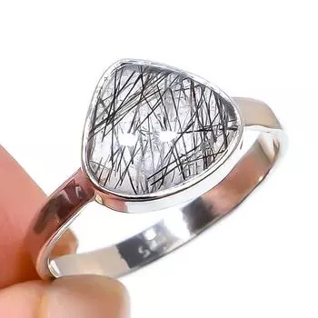 Natural Black Rutile Gemstone Handmade 925 Sterling Silver Jewelry Ring S.8 J4Q64