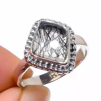 Natural Black Rutile Gemstone Handmade 925 Sterling Silver Jewelry Ring S.7 d4K74