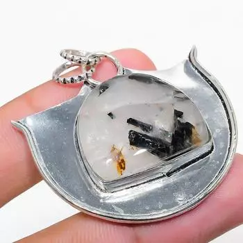 Natural Black Rutile Gemstone Handmade 925 Sterling Silver Pendant 1.81 w3G40