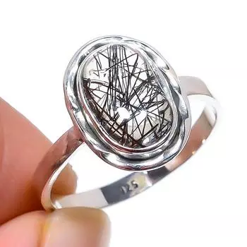 Natural Black Rutile Gemstone Handmade 925 Sterling Silver Jewelry Ring S.8 c3C65