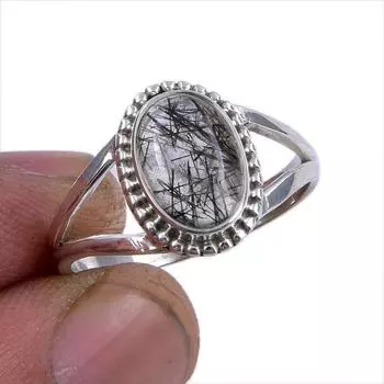 Natural Black Rutile Gemstone Handmade 925 Sterling Silver Gift Ring S.8.5 D0U70