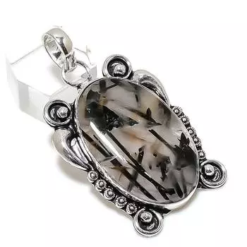 Natural Black Rutile Gemstone Handmade 925 Sterling Silver Pendant 2.05 k3Y77
