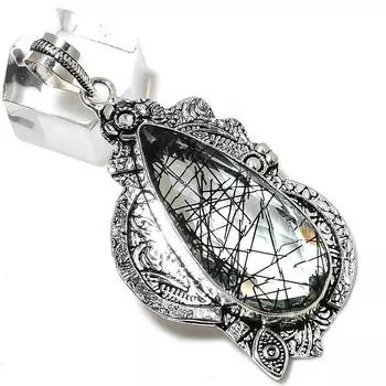 Natural Black Rutile Gemstone Handmade 925 Sterling Silver Pendant 2.56 K1V75