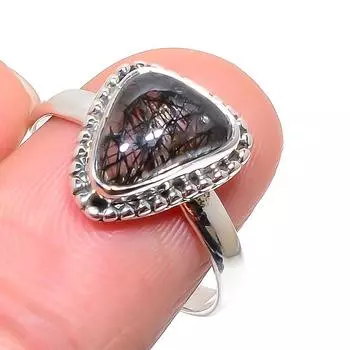 Natural Black Rutile Gemstone Handmade 925 Sterling Silver Gift Ring S.10 k9P89