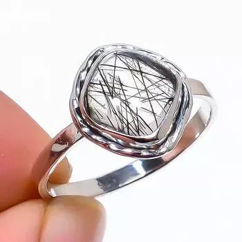 Natural Black Rutile Gemstone Handmade 925 Sterling Silver Jewelry Ring S.9 F6n82