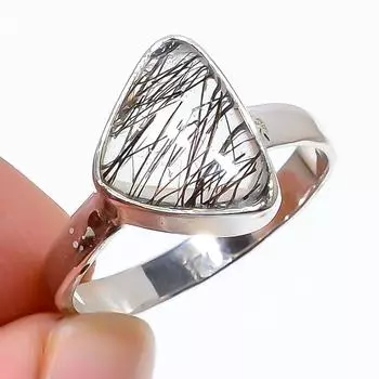 Natural Black Rutile Gemstone Handmade 925 Sterling Silver Jewelry Ring S.7 L7F02