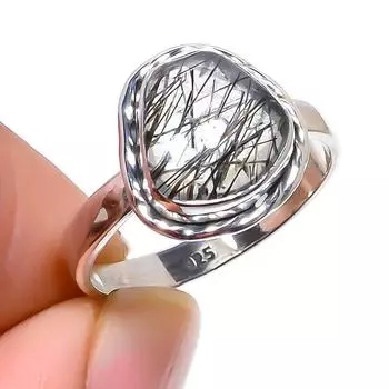 Natural Black Rutile Gemstone Handmade 925 Sterling Silver Jewelry Ring S.7 r7g88