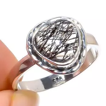 Natural Black Rutile Gemstone Handmade 925 Sterling Silver Jewelry Ring S.7 s6q61