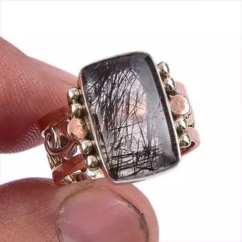 Natural Black Rutile Gemstone Two Tone 925 Sterling Silver Jewelry Ring S.7 g4v80