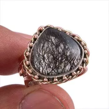Natural Black Rutile Gemstone Two Tone 925 Sterling Silver Jewelry Ring S.6 Y3E82