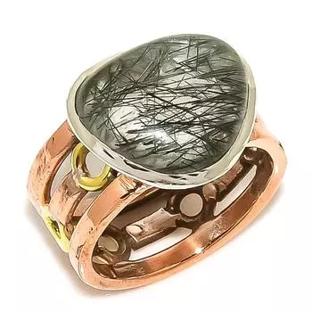 Natural Black Rutile Gemstone Two Tone 925 Sterling Silver Jewelry Ring S.7 C7l58