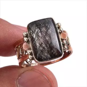 Natural Black Rutile Gemstone Two Tone 925 Sterling Silver Jewelry Ring S.9 V2M45
