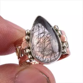 Natural Black Rutile Gemstone Two Tone 925 Sterling Silver Jewelry Ring S.6 g2q95