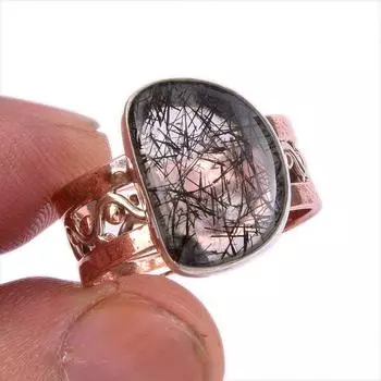 Natural Black Rutile Gemstone Two Tone 925 Sterling Silver Gift Ring S.7.5 u0f60