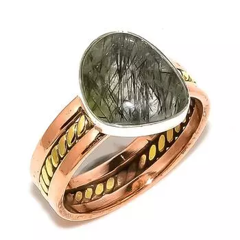 Natural Black Rutile Gemstone Two Tone 925 Sterling Silver Gift Ring S.10 I4K76