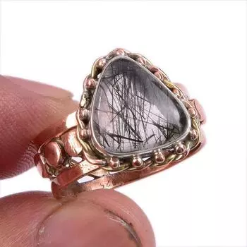Natural Black Rutile Gemstone Two Tone 925 Sterling Silver Jewelry Ring S.8 i9n01