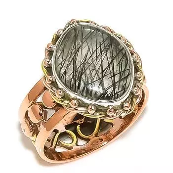 Natural Black Rutile Gemstone Two Tone 925 Sterling Silver Jewelry Ring S.8 o6f58