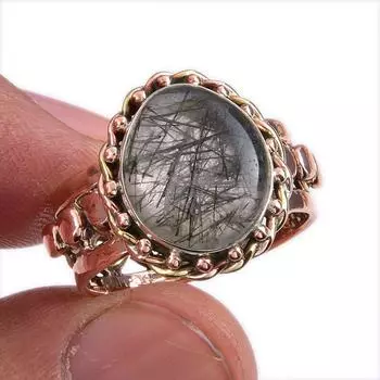 Natural Black Rutile Gemstone Two Tone 925 Sterling Silver Jewelry Ring S.8 a8E49