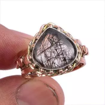 Natural Black Rutile Gemstone Two Tone 925 Sterling Silver Gift Ring S.8.5 O3w46