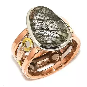 Natural Black Rutile Gemstone Two Tone 925 Sterling Silver Jewelry Ring S.7 D1M07