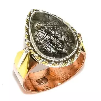 Natural Black Rutile Gemstone Two Tone 925 Sterling Silver Jewelry Ring S.7 c2z25