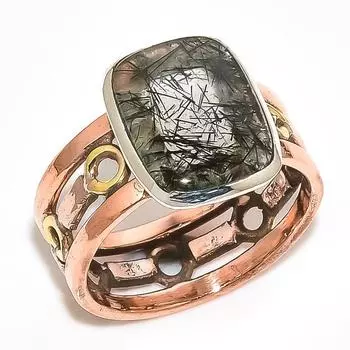 Natural Black Rutile Gemstone Two Tone 925 Solid Silver Jewelry Ring S.10.5 L7H96