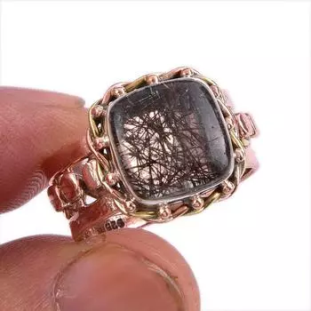 Natural Black Rutile Gemstone Two Tone 925 Sterling Silver Gift Ring S.7.5 G3Q57