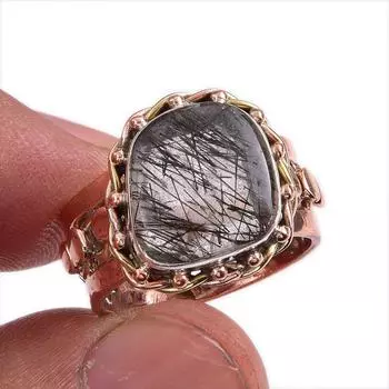 Natural Black Rutile Gemstone Two Tone 925 Sterling Silver Jewelry Ring S.6 T7l66