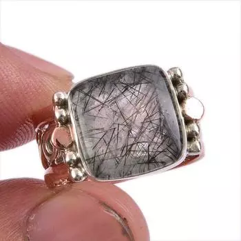 Natural Black Rutile Gemstone Two Tone 925 Sterling Silver Jewelry Ring S.7 m9b00