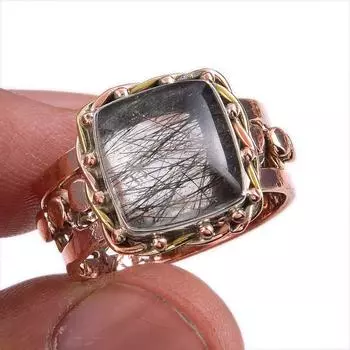 Natural Black Rutile Gemstone Two Tone 925 Sterling Silver Jewelry Ring S.9 C8R87