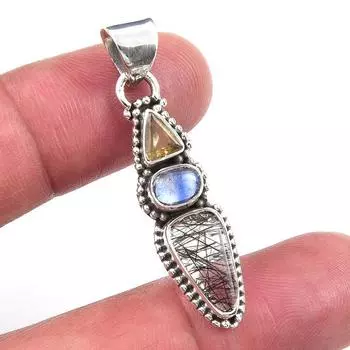 Natural Black Rutile,Kyanite 925 Solid Sterling Silver Gift Pendant 1.60 w0a15