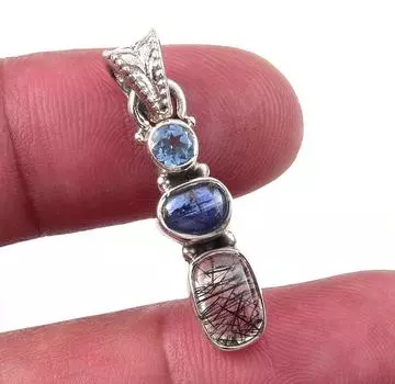 Natural Black Rutile, Kyanite 925 Solid Sterling Silver Gift Pendant 1.25 a0U30