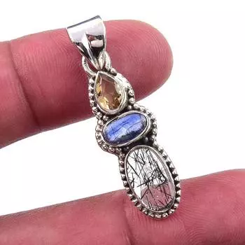 Natural Black Rutile, Kyanite 925 Solid Sterling Silver Gift Pendant 1.50 M7H31