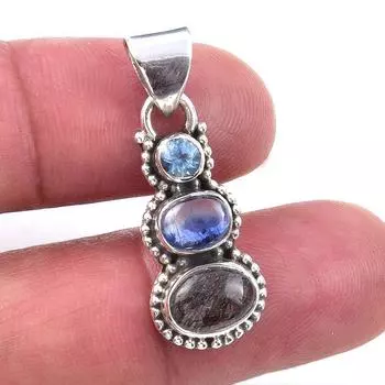 Natural Black Rutile,Kyanite 925 Solid Sterling Silver Gift Pendant 1.25 n8u33