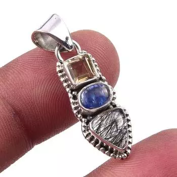 Natural Black Rutile, Kyanite 925 Solid Sterling Silver Gift Pendant 1.25 D7T82