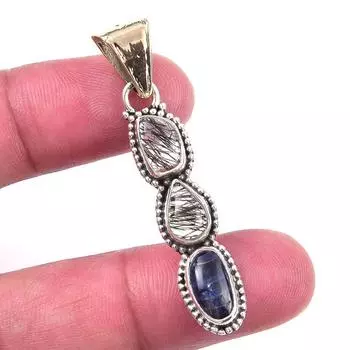 Natural Black Rutile,Kyanite Gemstone 925 Solid Sterling Silver Pendant 2 o5H52