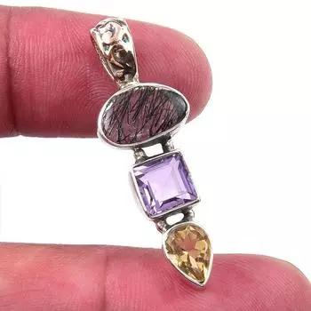 Natural Black Rutile, Pink Amethyst 925 Solid Sterling Silver Pendant 1.50 s3a66