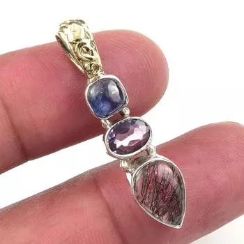 Natural Black Rutile,Pink Amethyst 925 Solid Sterling Silver Pendant 1.50 G5D49