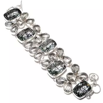 Браслет из серебра 925 пробы с натуральным черным рутилом и топазом 7-8 дюймов A4Z55