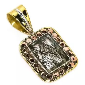 Natural Black Rutile TwoTone 925 Solid Sterling Silver Gift Pendant 1.25 A9m83