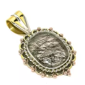 Natural Black Rutile TwoTone 925 Solid Sterling Silver Gift Pendant 1.50 r5z32