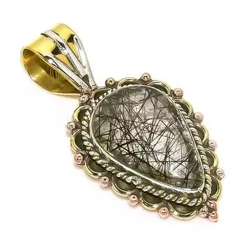 Natural Black Rutile TwoTone 925 Solid Sterling Silver Gift Pendant 1.50 u1e23