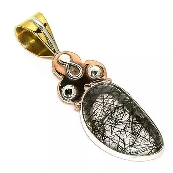 Natural Black Rutile TwoTone 925 Solid Sterling Silver Gift Pendant 1.75 c1J21