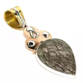 Natural Black Rutile TwoTone 925 Solid Sterling Silver Gift Pendant 1.75 M8T09