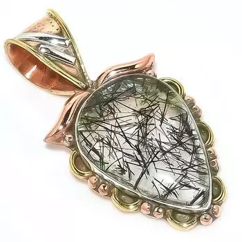 Natural Black Rutile TwoTone 925 Solid Sterling Silver Gift Pendant 1.40 w4o73